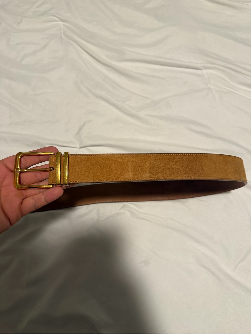 Bally Classic Tan Suede Belt with Gold Buckle - Men